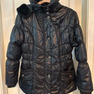 Black Puffer Jacket with Fur Trim